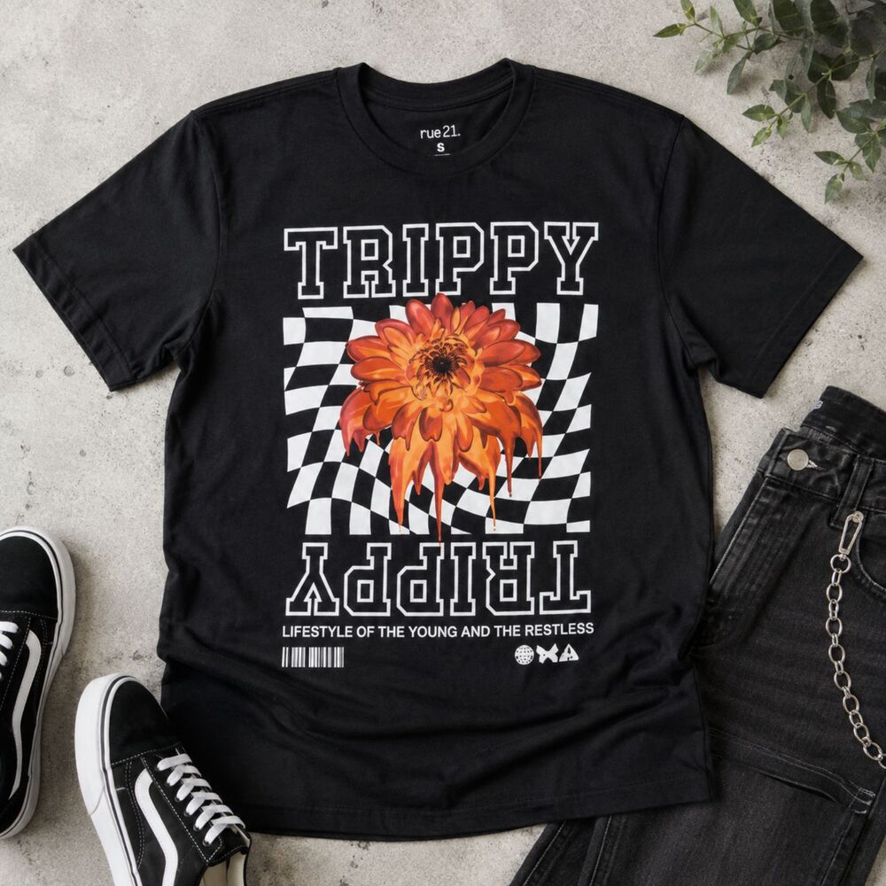 Rue21 Trippy Graphic Tee Small Black Checkerboard Flower Y2K Streetwear Shirt